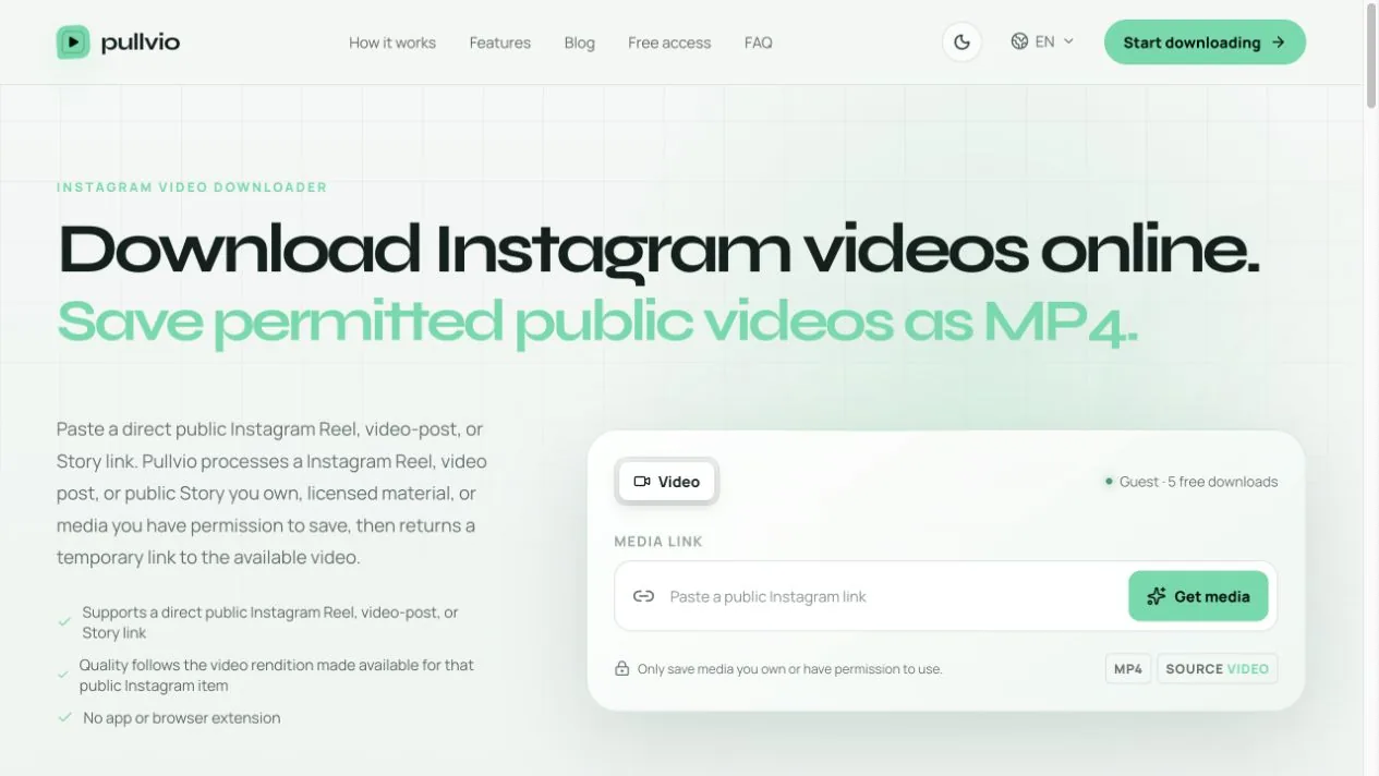 Descargador de Instagram de Pullvio con un campo para Reels, publicaciones de video o Stories públicas