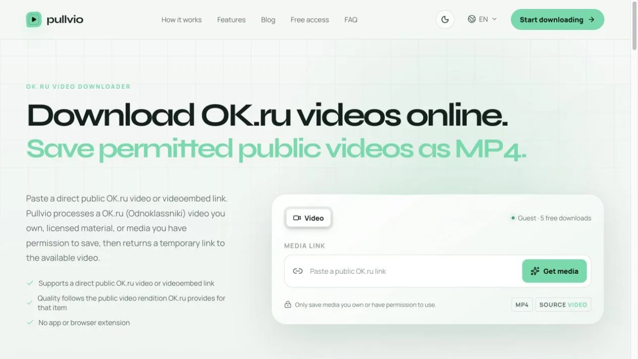 Pullvio OK.ru 下载器中的公开视频和 videoembed 链接输入框