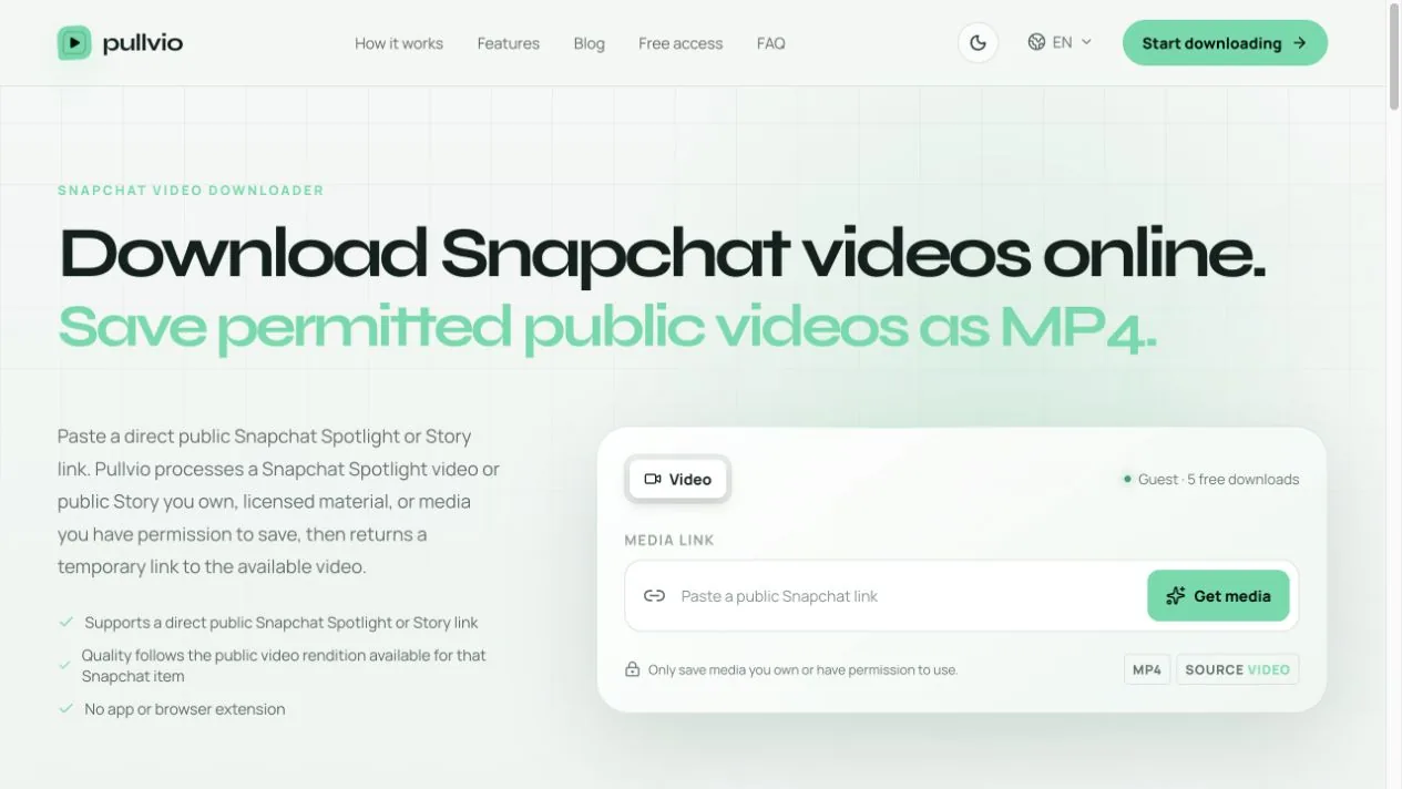 Descargador de Snapchat de Pullvio con campo para enlaces públicos de Spotlight o Story