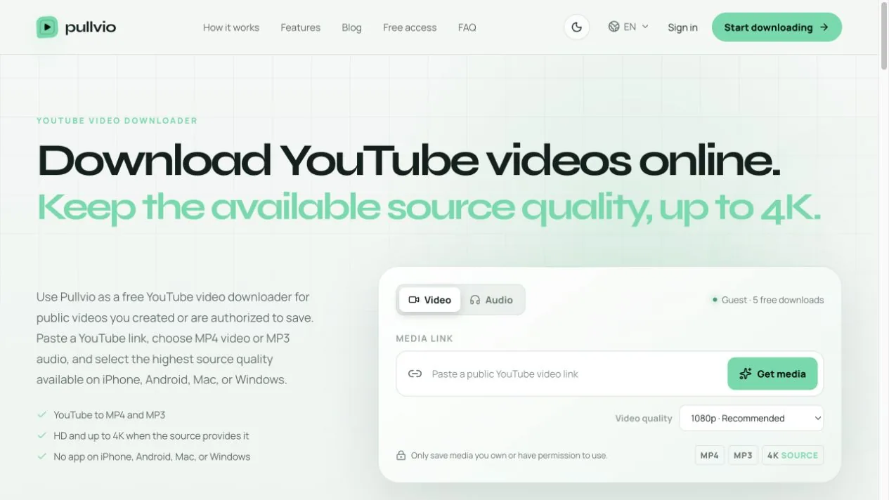 Descargador de YouTube de Pullvio preparado para una URL compartida de YouTube Shorts